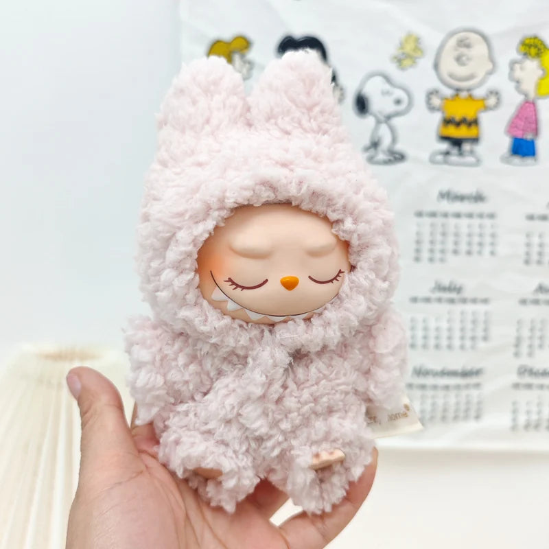 Cute Doll Accessories Clothes Onesie for 17Cm Labubu V1V2 Mini Dolls Clothing Kids Gift Bags for Dolls Hairy Rabbit Bodysuit Set