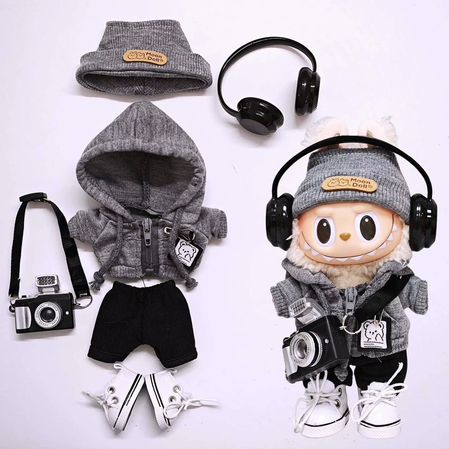 15Cm/17Cm Labubu Universal Hoodie Set Gray Trendy Outfit with Camera Glasses Headphones & Canvas Shoes Series 1-3 Compatible