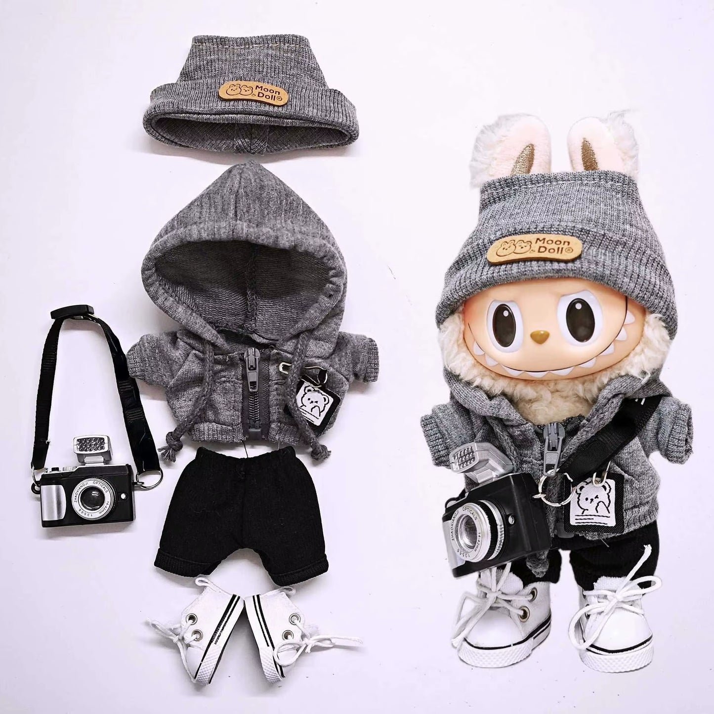 15Cm/17Cm Labubu Universal Hoodie Set Gray Trendy Outfit with Camera Glasses Headphones & Canvas Shoes Series 1-3 Compatible
