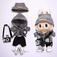 15Cm/17Cm Labubu Universal Hoodie Set Gray Trendy Outfit with Camera Glasses Headphones & Canvas Shoes Series 1-3 Compatible