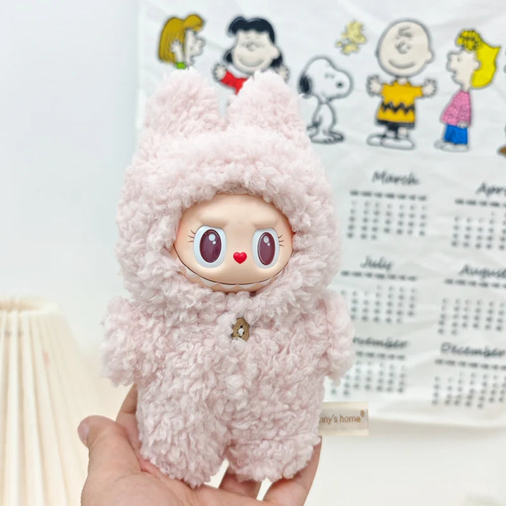 Cute Doll Accessories Clothes Onesie for 17Cm Labubu V1V2 Mini Dolls Clothing Kids Gift Bags for Dolls Hairy Rabbit Bodysuit Set