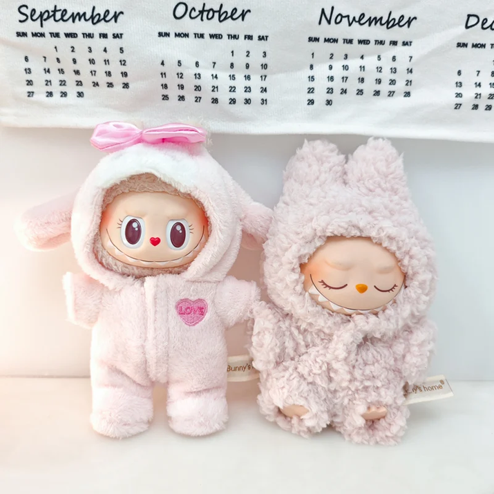 Cute Doll Accessories Clothes Onesie for 17Cm Labubu V1V2 Mini Dolls Clothing Kids Gift Bags for Dolls Hairy Rabbit Bodysuit Set