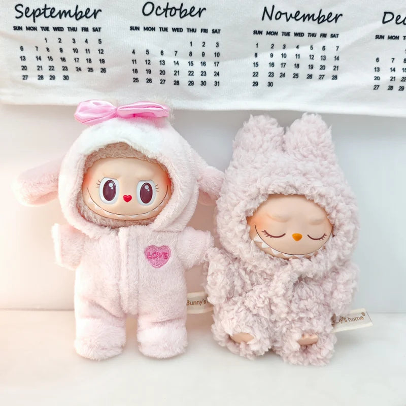 Cute Doll Accessories Clothes Onesie for 17Cm Labubu V1V2 Mini Dolls Clothing Kids Gift Bags for Dolls Hairy Rabbit Bodysuit Set