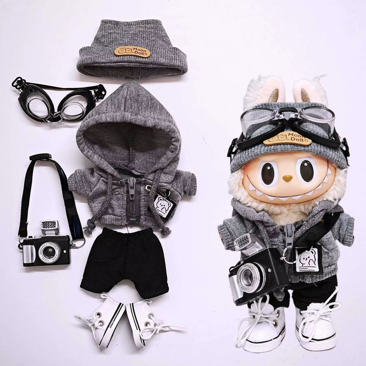 15Cm/17Cm Labubu Universal Hoodie Set Gray Trendy Outfit with Camera Glasses Headphones & Canvas Shoes Series 1-3 Compatible