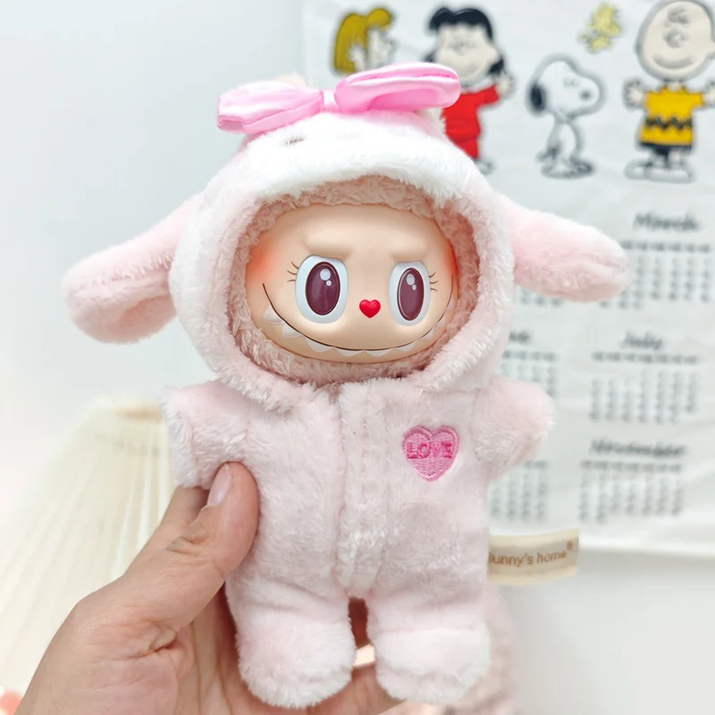 Cute Doll Accessories Clothes Onesie for 17Cm Labubu V1V2 Mini Dolls Clothing Kids Gift Bags for Dolls Hairy Rabbit Bodysuit Set