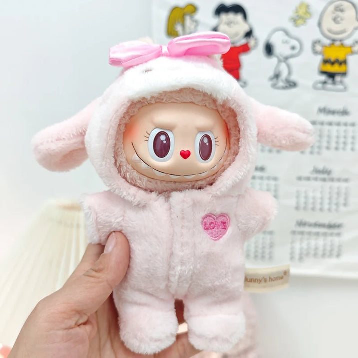 Cute Doll Accessories Clothes Onesie for 17Cm Labubu V1V2 Mini Dolls Clothing Kids Gift Bags for Dolls Hairy Rabbit Bodysuit Set