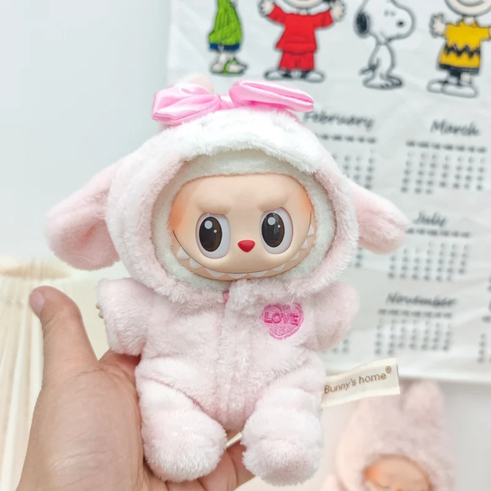 Cute Doll Accessories Clothes Onesie for 17Cm Labubu V1V2 Mini Dolls Clothing Kids Gift Bags for Dolls Hairy Rabbit Bodysuit Set