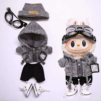 15Cm/17Cm Labubu Universal Hoodie Set Gray Trendy Outfit with Camera Glasses Headphones & Canvas Shoes Series 1-3 Compatible