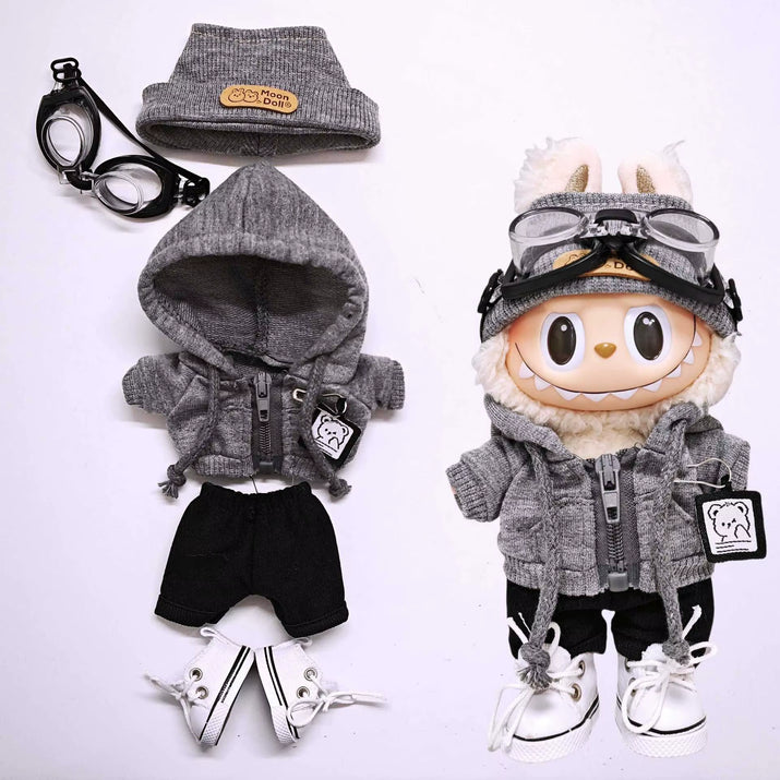 15Cm/17Cm Labubu Universal Hoodie Set Gray Trendy Outfit with Camera Glasses Headphones & Canvas Shoes Series 1-3 Compatible